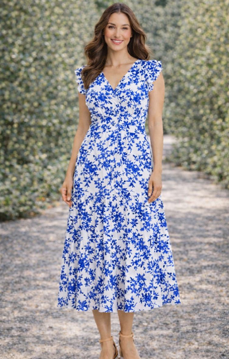 Flutter Sleeve Tiered A-line midi dress