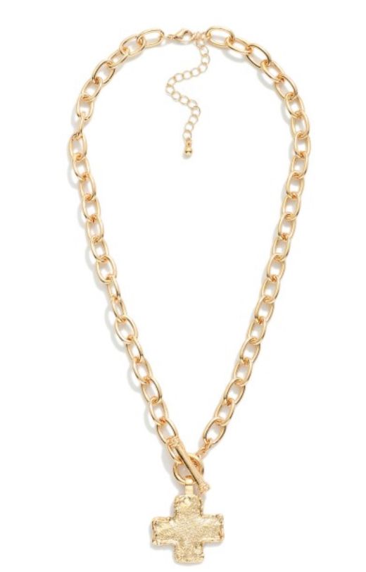 Cross Pendant w/toggle clasp metal tone