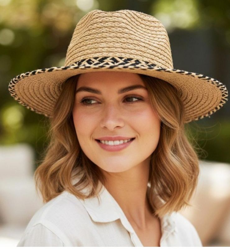 Straw Fedora w/two tone woven band &amp; trim