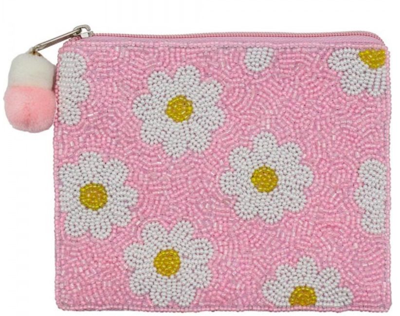 Daisies Seed Beaded Canvas bag w/pom pom