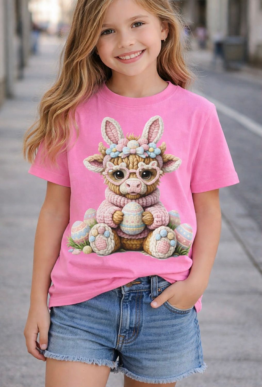 Easter  Chunky Crochet Highland Cow youth s/s tee