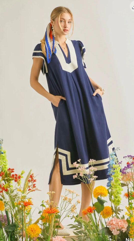 Umgee Linen cotton contrast neckline midi dress