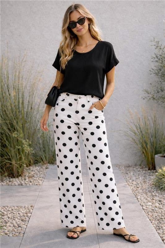 Polka Dot Fray Hem Wide Leg 31” Pants