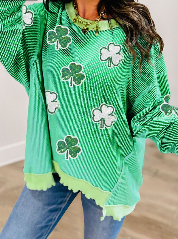 Twisted Rib Sequin Clover patched loose pullover