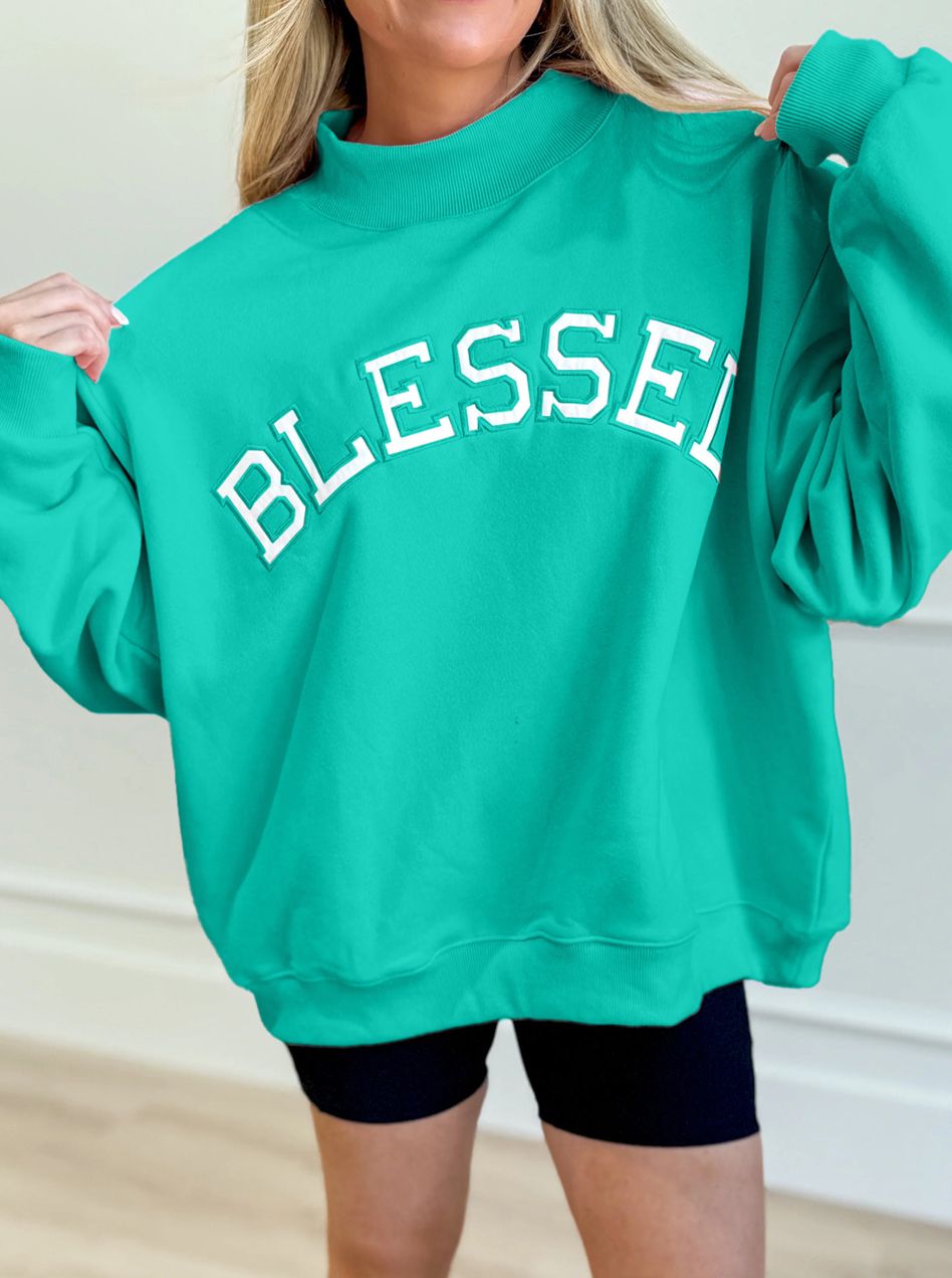 Blessed Oversize Embroidered Mock Neck Sweatshirt