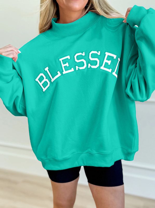 Blessed Oversize Embroidered Mock Neck Sweatshirt