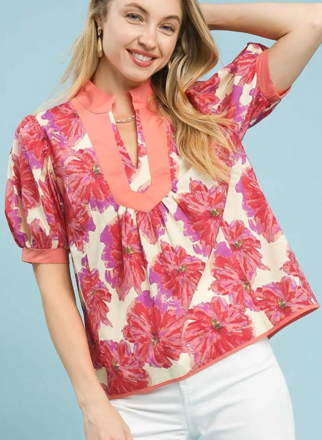 Umgee Floral Contrast Trim Blouse