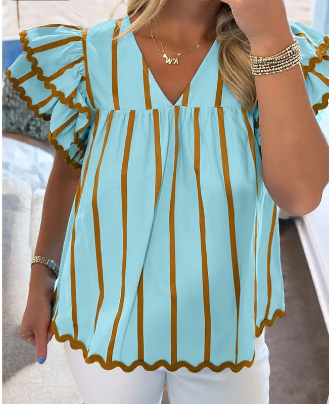 Ricrac stripe trim double ruffled short sleeve