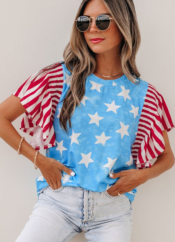 Vintage Star print striped ruffle sleeve blouse