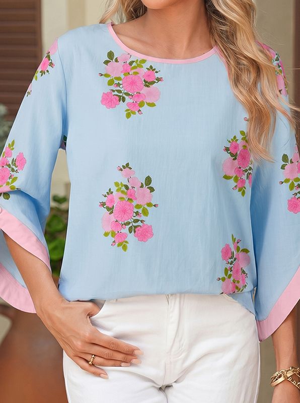 Floral Print Button Cuffed 3/4 sleeve blouse
