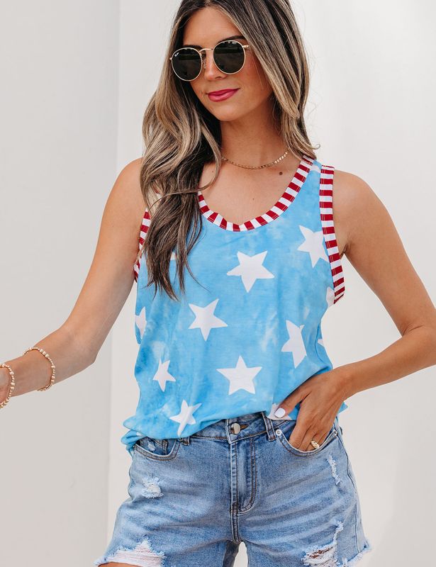 Tie Dye Star Print Striped Tank Top