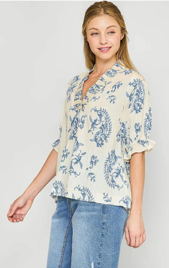 Umgee Willow Vine Ruffle Trim Blouse