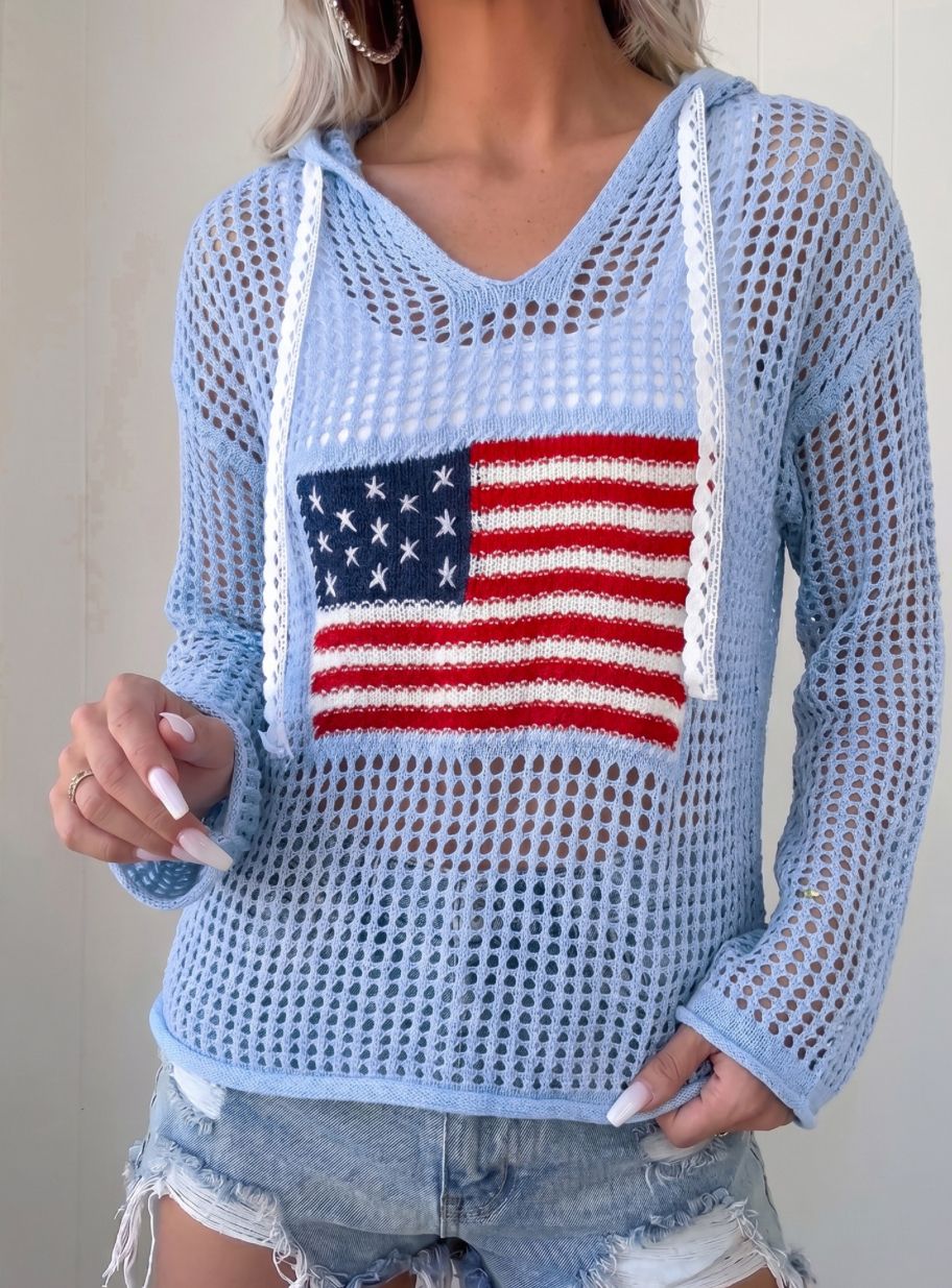 Crochet knit American flag sweater hoodie