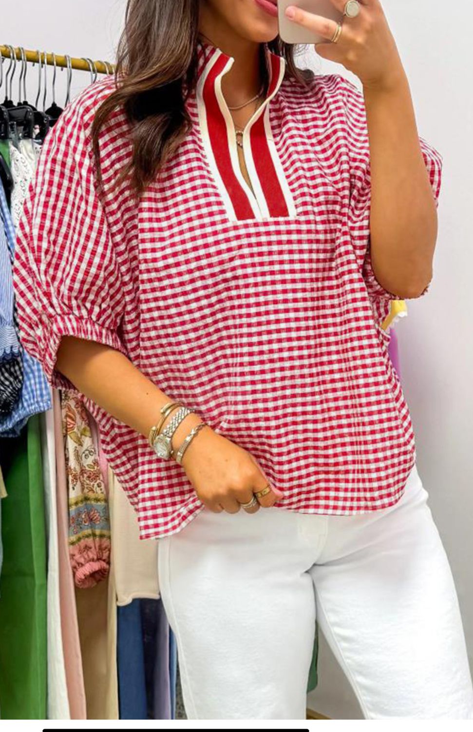 Gingham colorblock split neck blouse