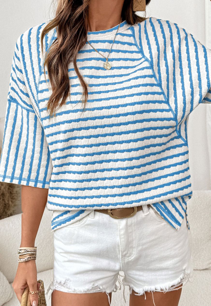 Striped Textured knit split hem half sleeve top