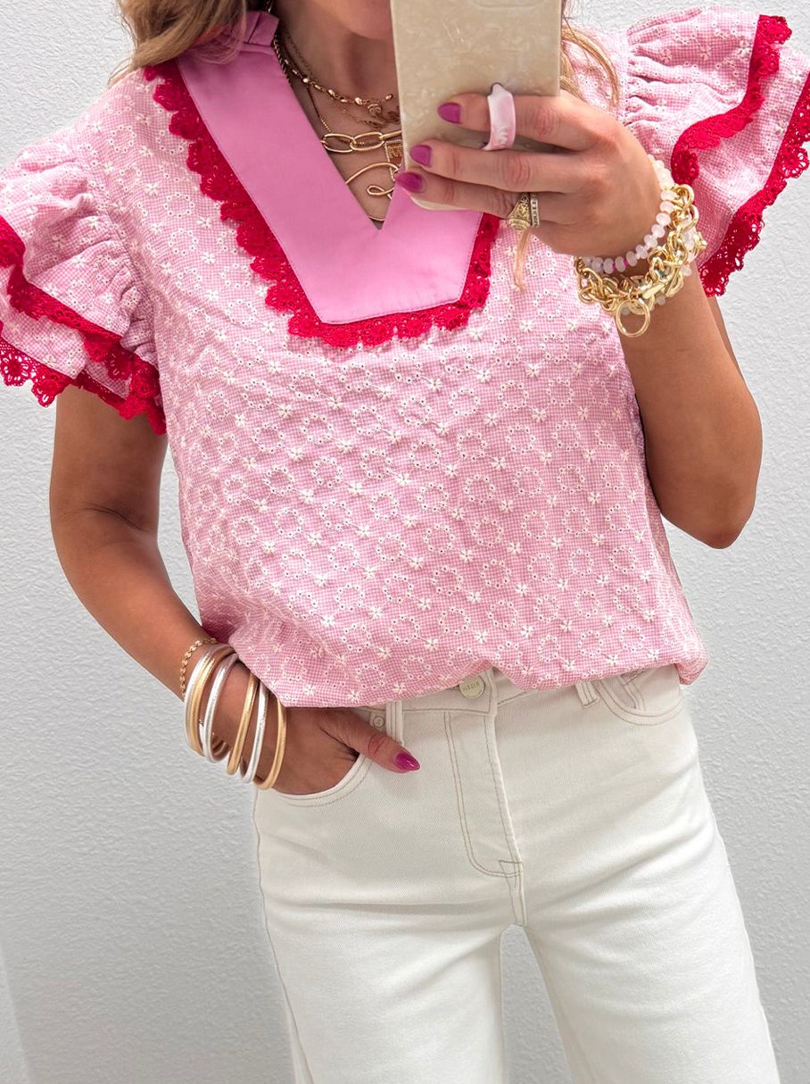 Embroidered Flower Texture lace trim flutter blous