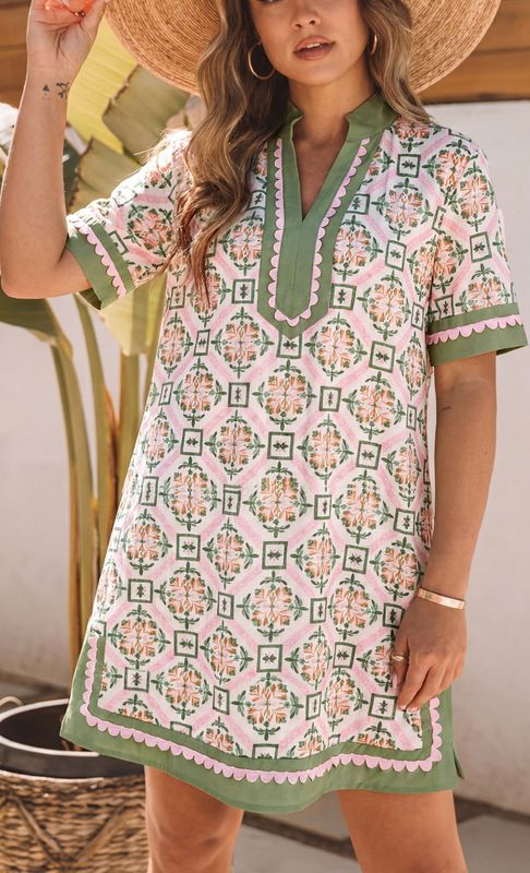 Boho Geometric Flower print short sleeve dress