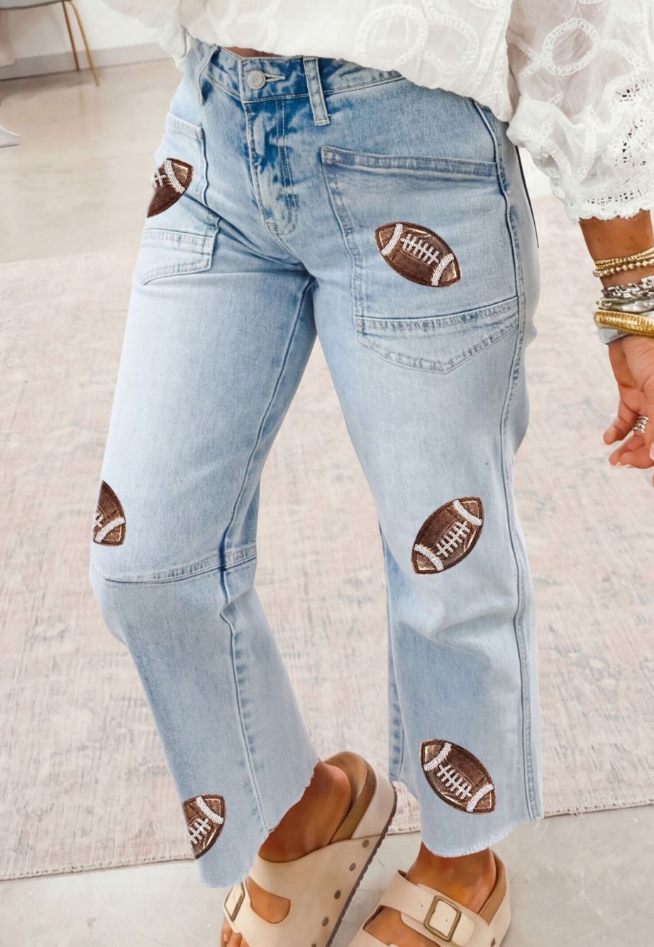 Sequin detail football pattern raw hem shift jeans