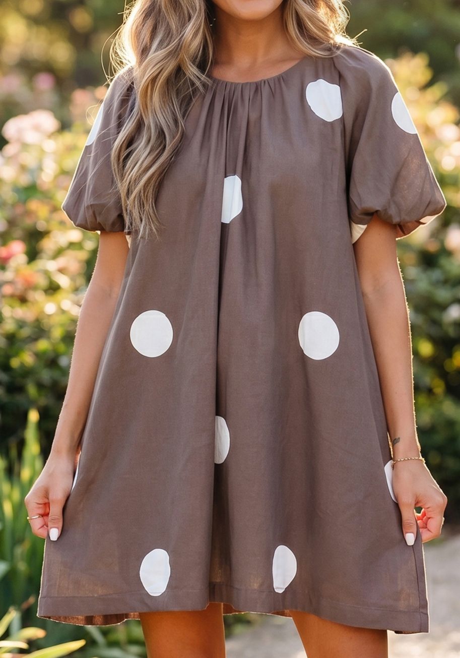 Polka Dot Print knot s/s puff sleeve loose dress