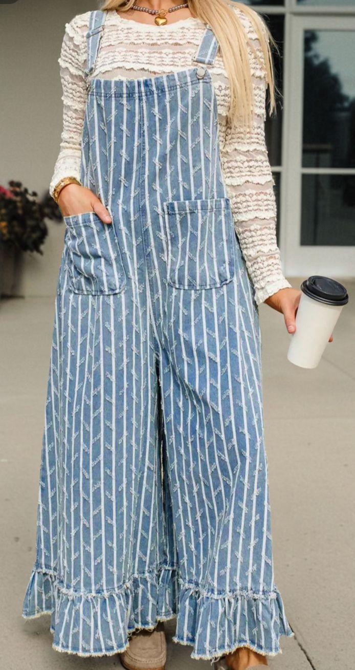 Ruffled Distressed Wide Leg Demin overalls