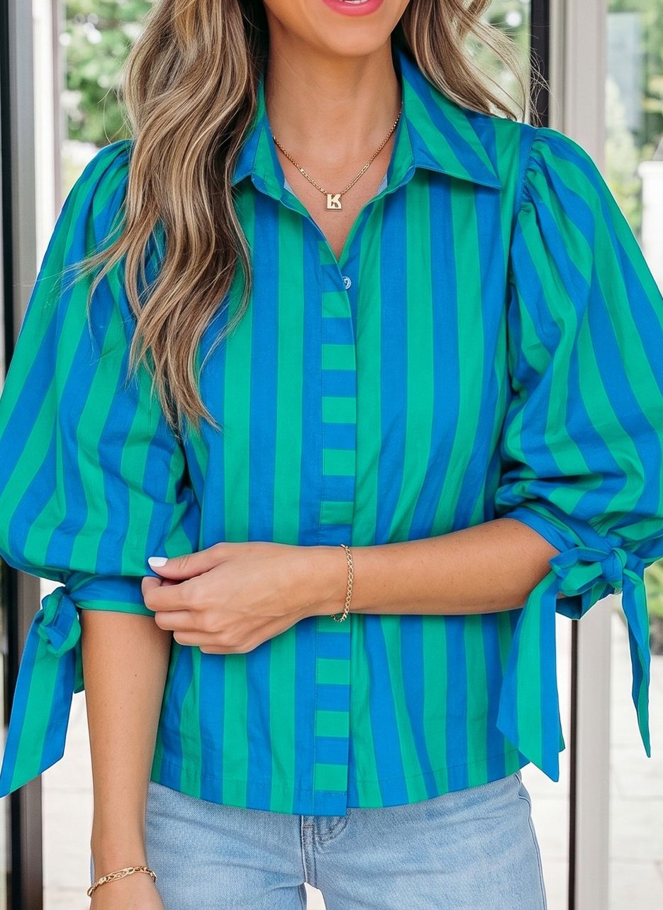 Tie Puff Sleeve Womens Button Down Shirt