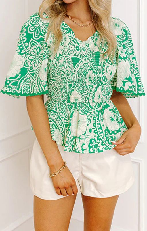 Flirty Floral Smocked VNeck Blouse
