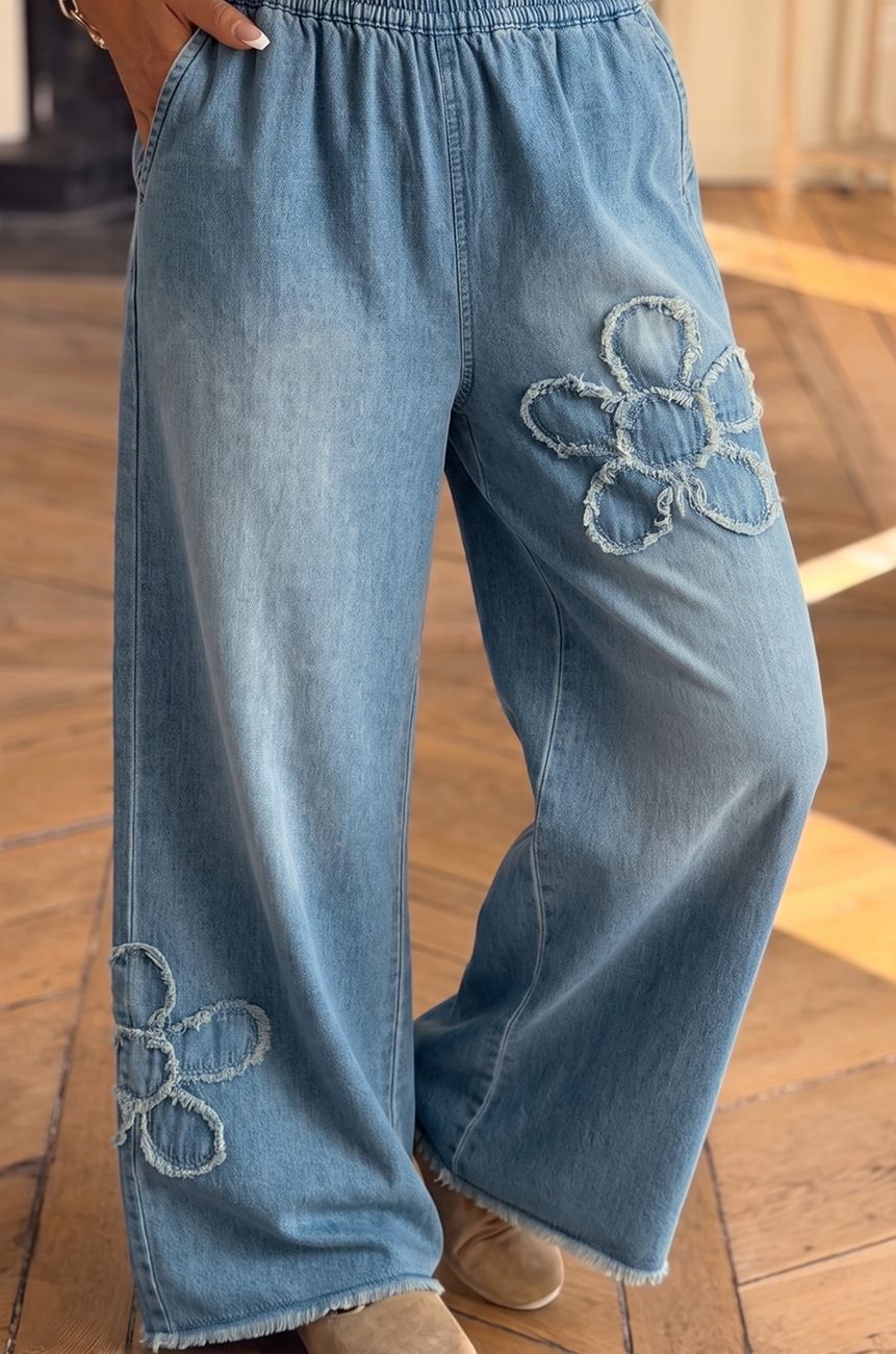 Floral Patch Wide Leg Raw Hem Jeans
