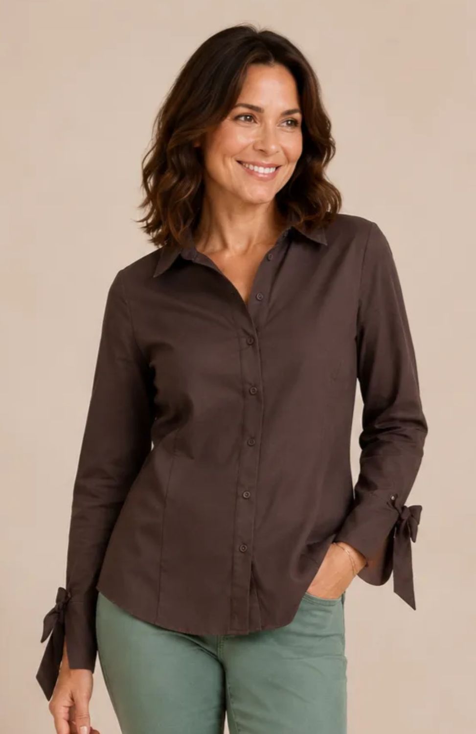 Poplin Button Front Blouse w/bow tie cuffs