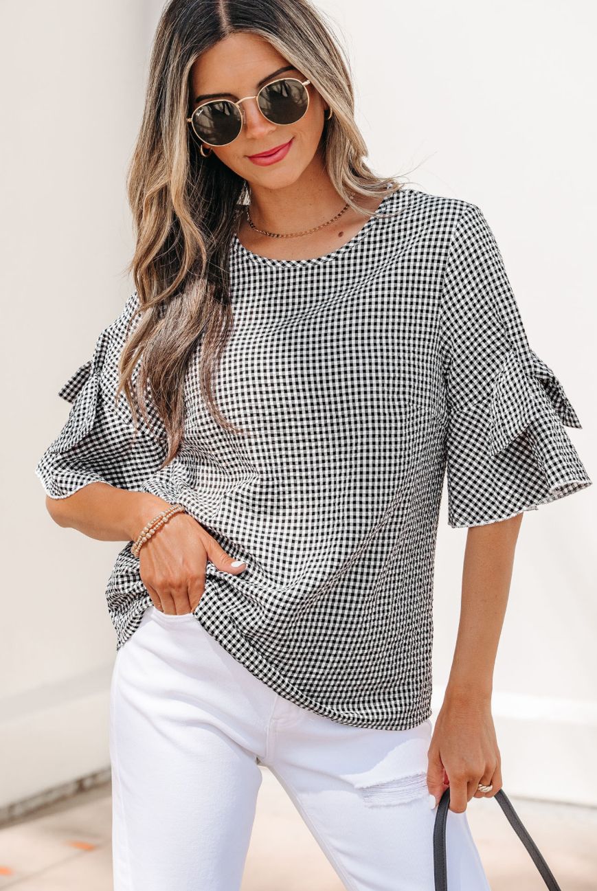 Plaid Bow Ruffled Half Sleeve Round neck blouse