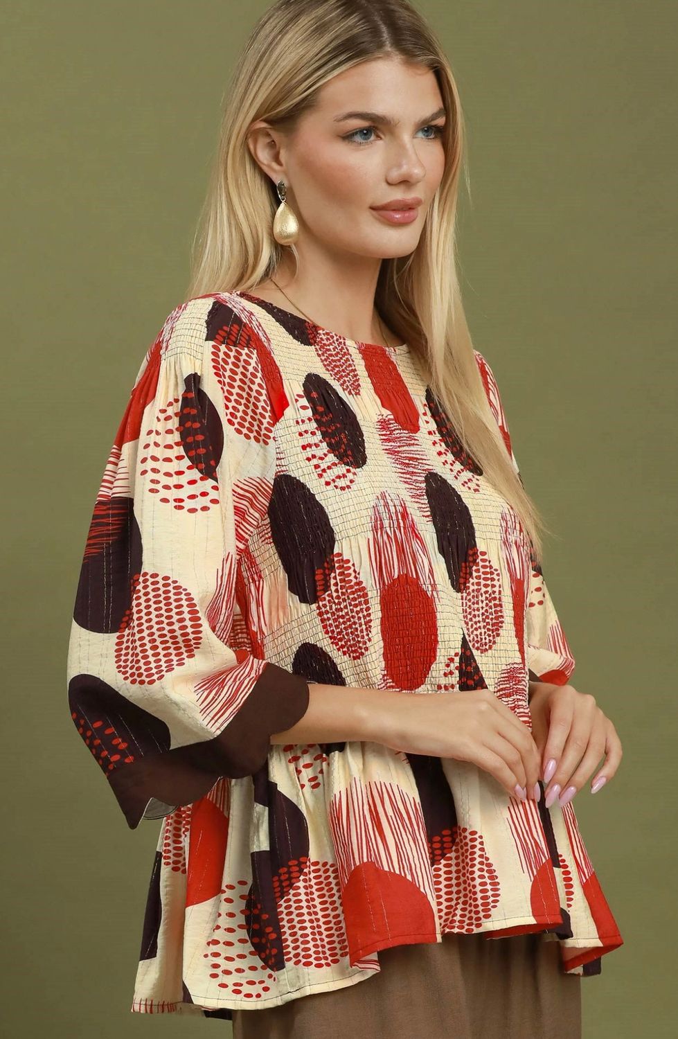 Umgee Abstract Dot Smocked Peplum Top