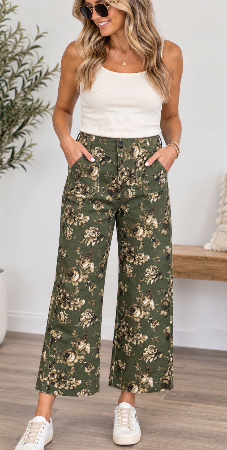 Umgee Floral Print Wide Leg Cropped Pants