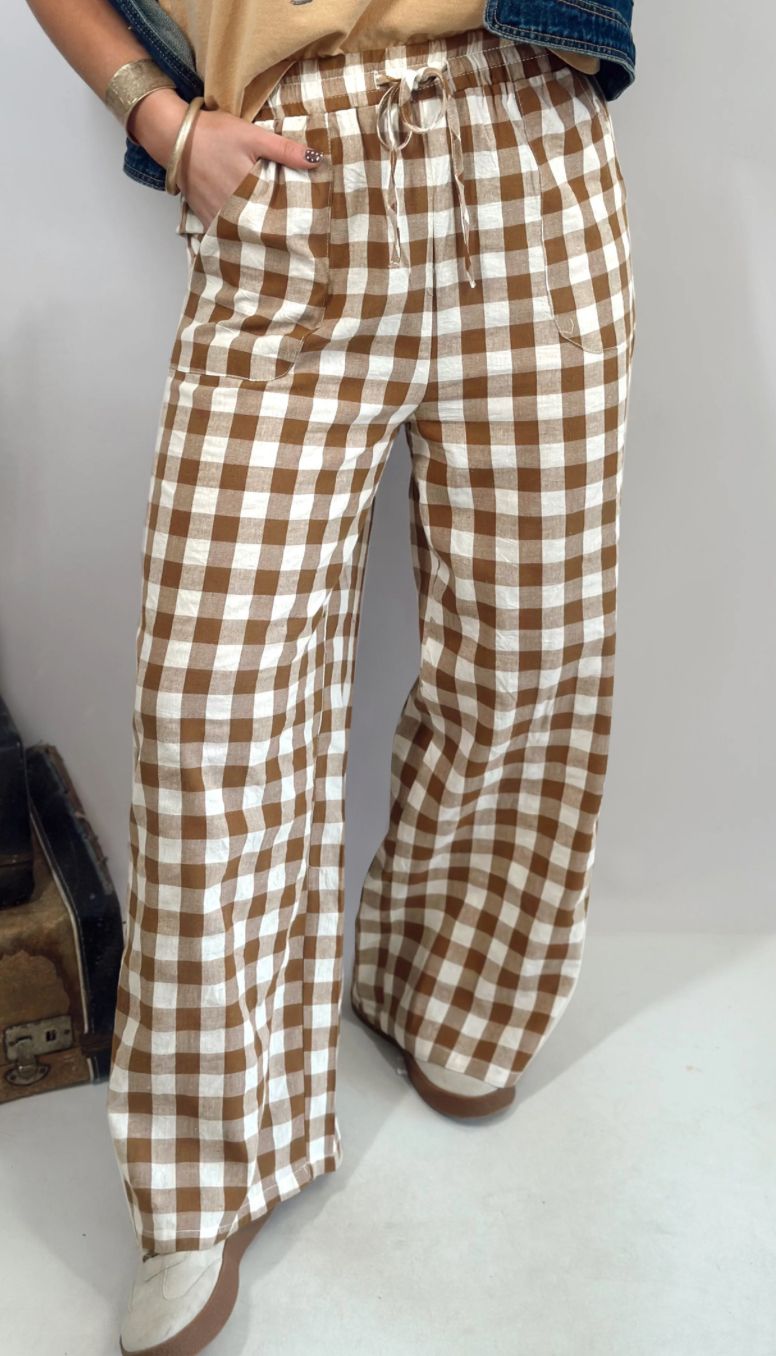 Gingham Plaid Tie Elastic Waist Shift Pants