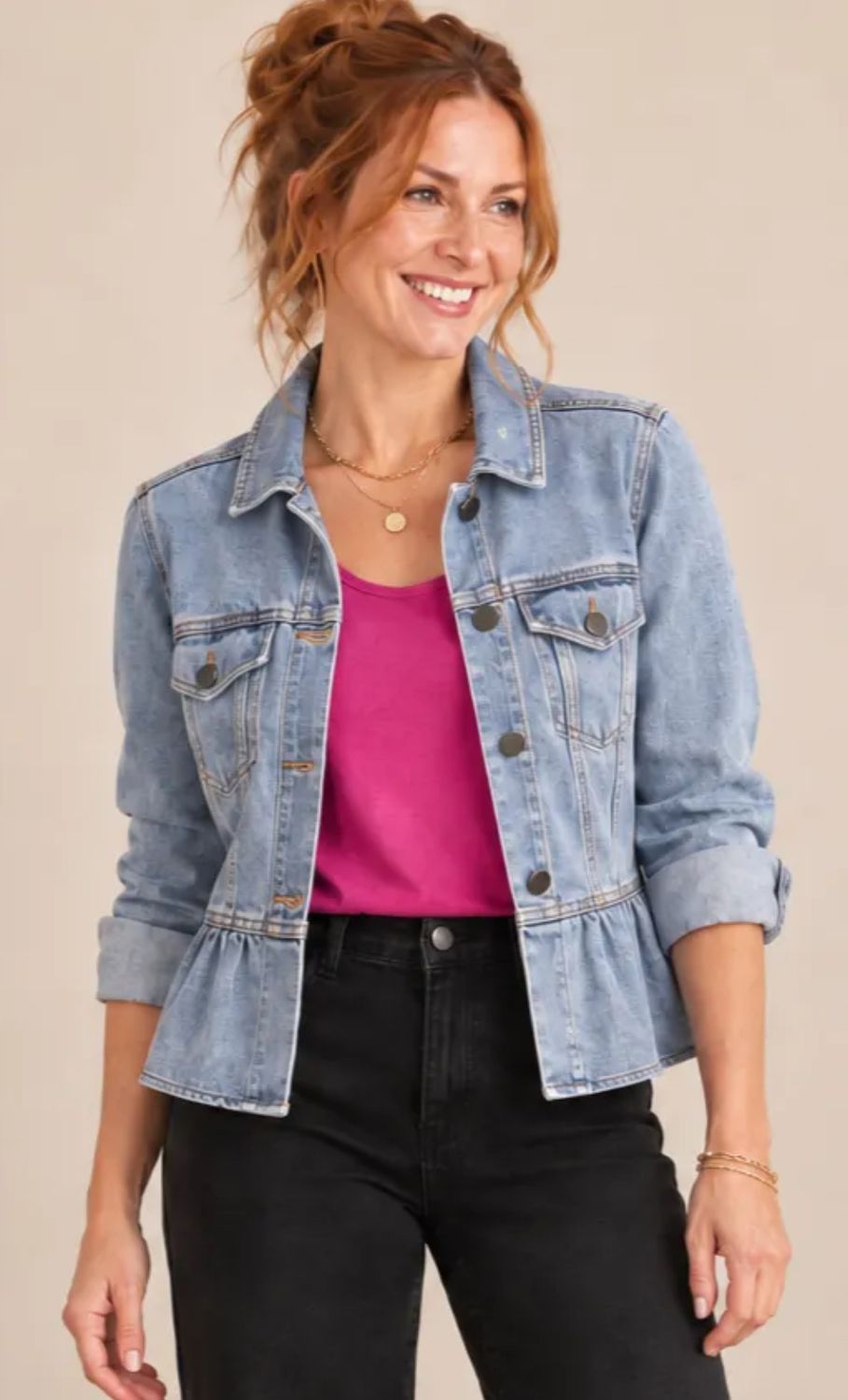 Peplum Hem Button Front Denim Jacket