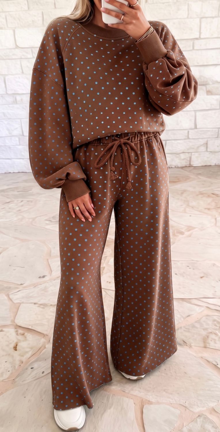Drawstring Wide Leg Long Sleeve Top Pant Set