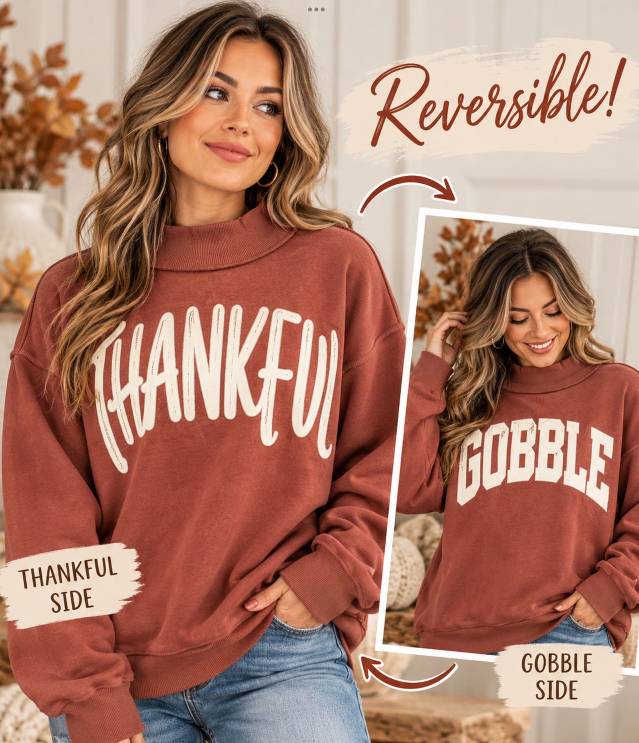 Thankful/Gobble reversible mock neck sweatshirts
