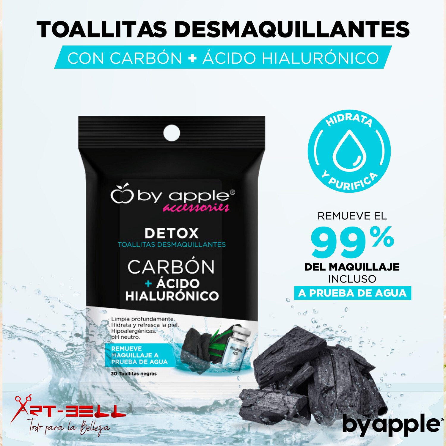 Byapple Toallitas Desmaquillantes con Carbón + Ácido Hialurónico