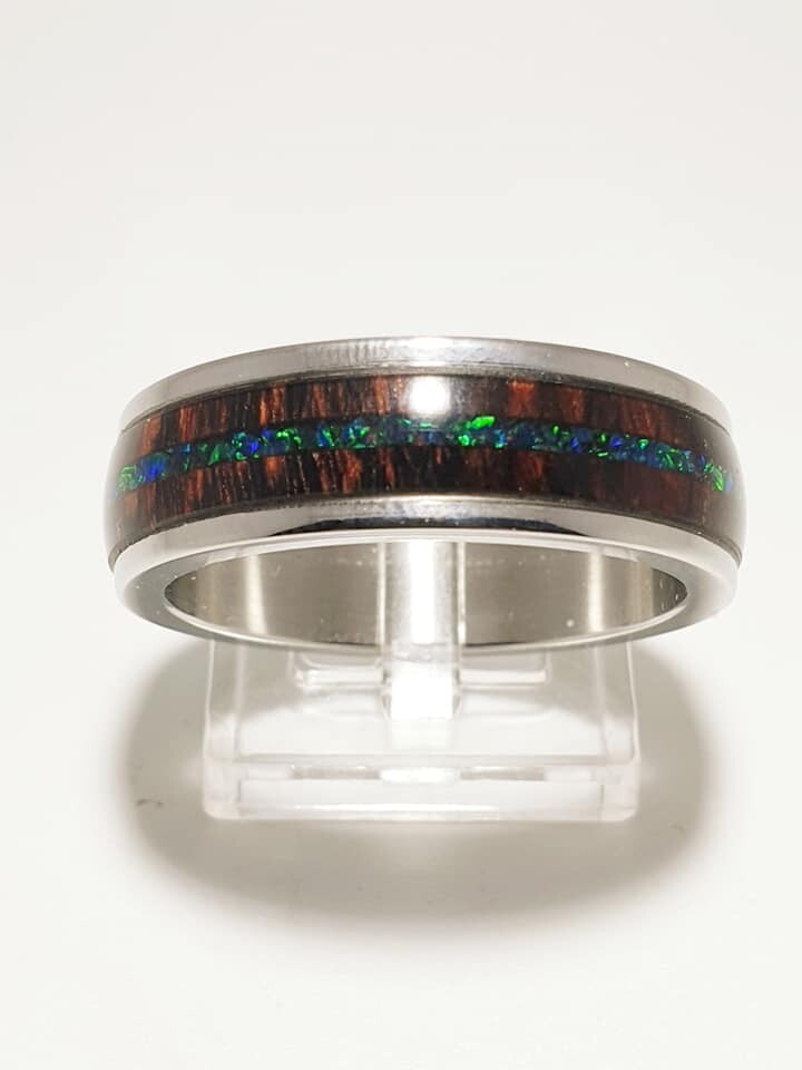 Exotic Burl with Bello Opal Stainless Steel Ring