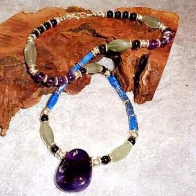 Large Amethyst focal in combination of Lapis Lazuli, Rutilated Quartz, Black Tourmaline with Hill Tribe Silver Necklace