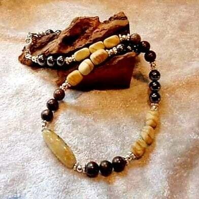 Golden Rutilated Quartz Focal with Bronzite, Hematite and Picture Jasper with 925 Silver Necklace