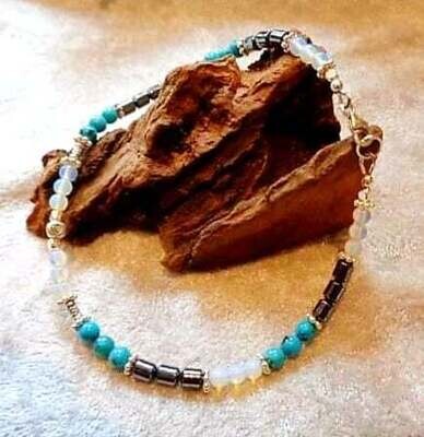 Turquoise, Moonstone, Hematite, Hill Tribe Silver Lucky Anklet