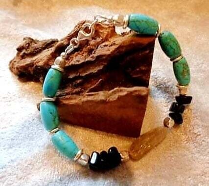 Golden Rutile Quartz  Focal withTurquoise, Black Tourmaline and with 925 Silver Bracelet