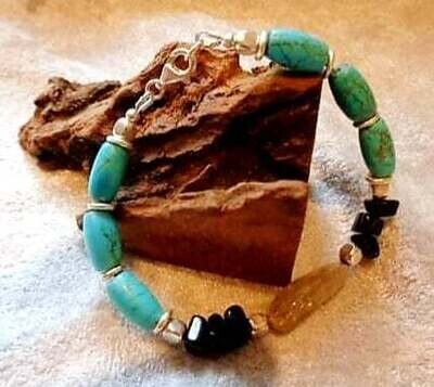 Golden Rutile Quartz  Focal withTurquoise, Black Tourmaline and with 925 Silver Bracelet
