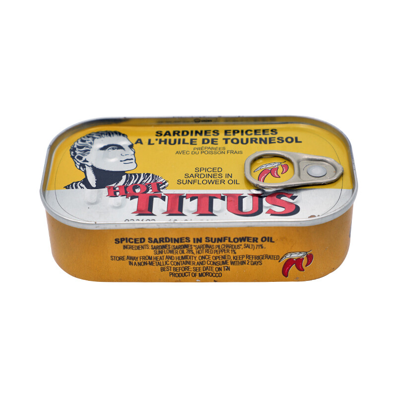 Hot Titus Spiced Sadines in Sunflower Oil 125g