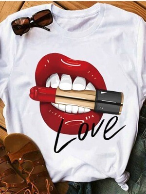❤️TBC Women Leisure Lip Print Creamy White T-shirt ❤️