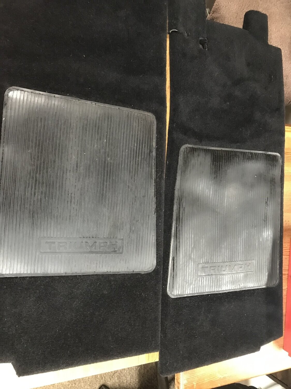 PAIR BLACK WOOL FOOTWELL CARPETS TRIUMPH STAG RHD
