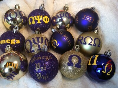 Gift Set of 12 Assorted Fraternity Ornaments inspired by Omega Psi Phi 1911 Deluxe Dozen