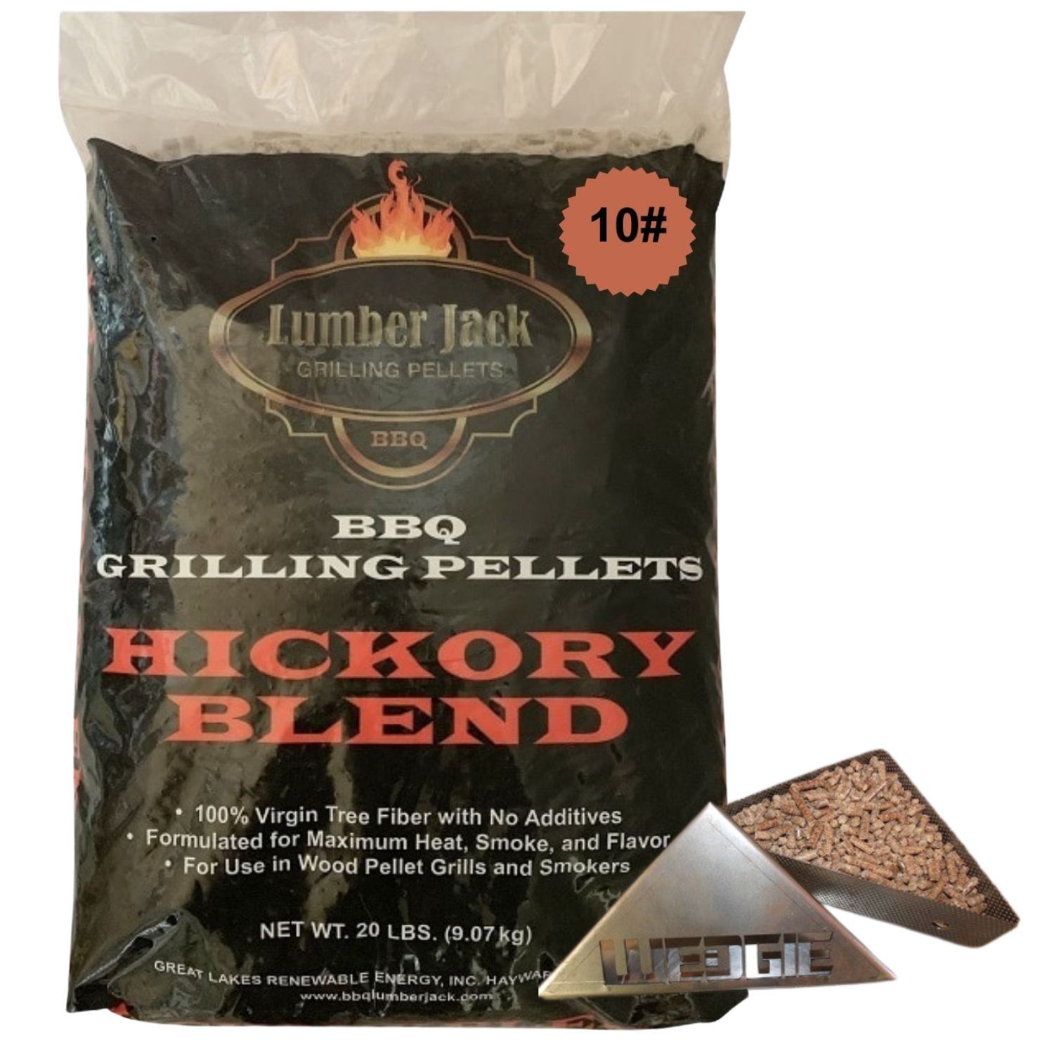 10# Hickory Blend Lumber Jack BBQ Pellets (40% Hickory/60% Red Oak) with Premium Smoking Wedgie