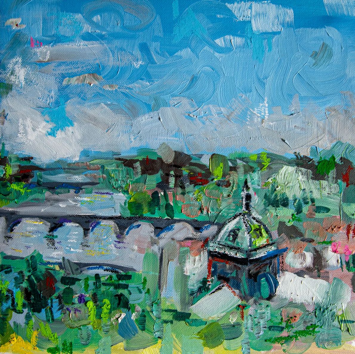 Prague skyline with dome of St. Francis Of Assisi Church and Charles Bridge