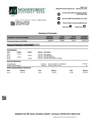 Woodforest National Bank - Bank Statement Editable Template