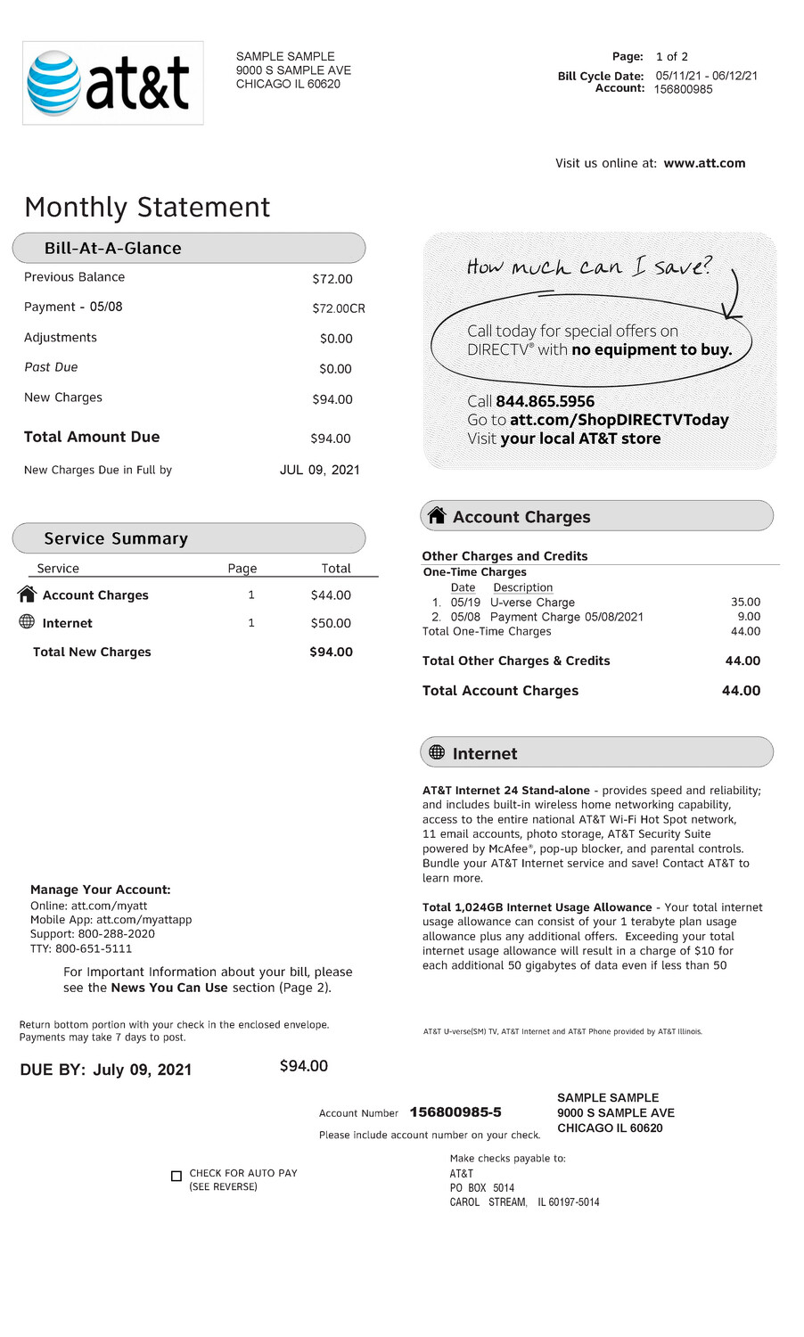 Utility Bill Editable Template - AT&T